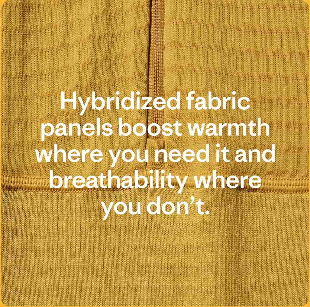 Hybridized fabric panels boost warmth where you need it and breathability where you don’t.