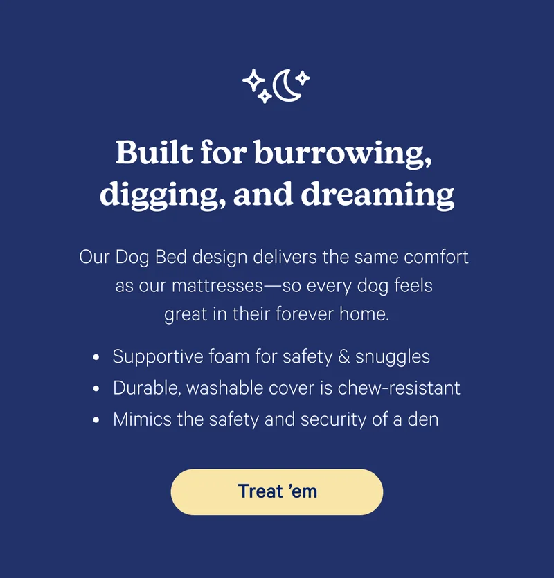 Build for burrowing, digging, and dreaming; Our Dog Bed design delivers the same comfort as our mattresses—so every dog feels great in their forever home.