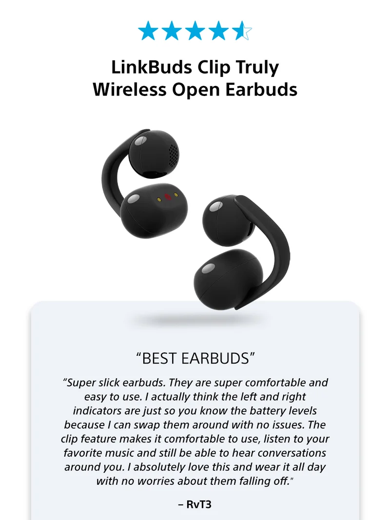LinkBuds Clip Truly Wireless Open Earbuds | “Best Earbuds” | “Super slick earbuds. They are super comfortable and easy to use. I actually think the left and right indicators are just so you know the battery levels because I can swap them around with no issues. The clip feature makes it comfortable to use, listen to your favorite music and still be able to hear conversations around you. I absolutely love this and wear it all day with no worries about them falling off.” – RvT3