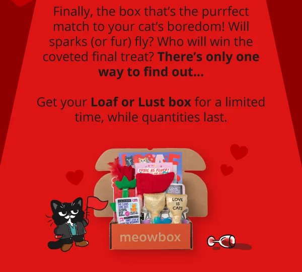 Finally, the box that’s the purrfect match to your cat’s boredom! Will sparks (or fur) fly? Who will win the coveted final treat? There’s only one way to find out…  Get your Loaf or Lust box for a limited time, while quantities last.