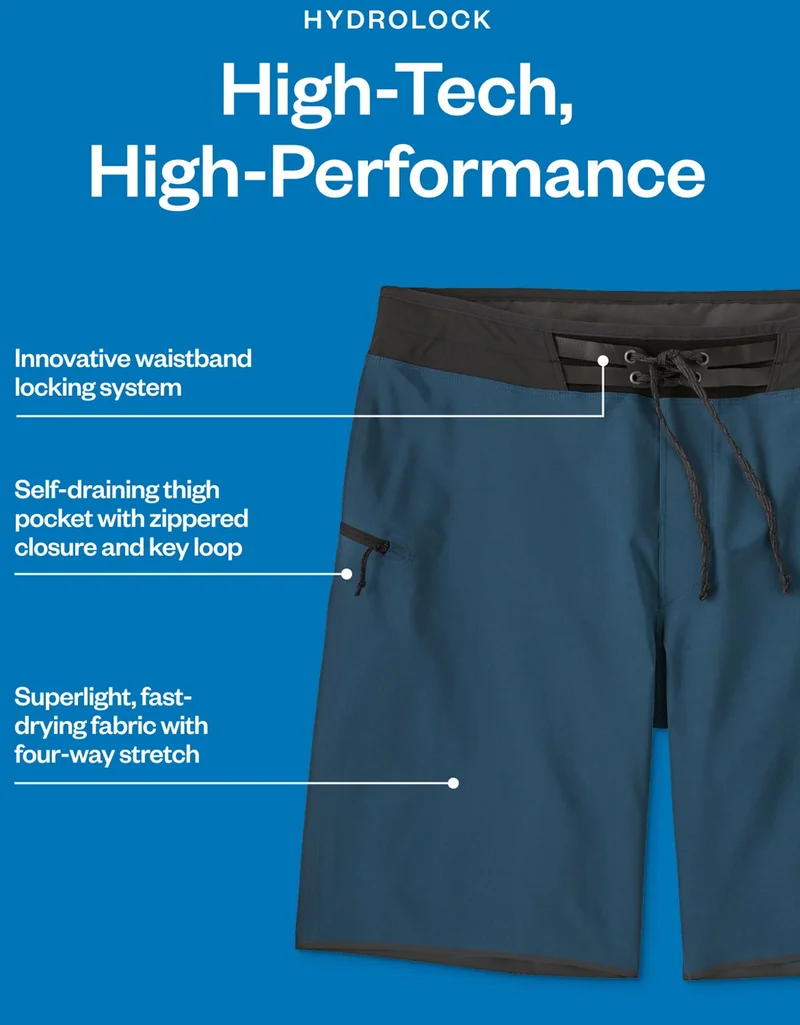 Hydrolock boardshorts. High-tech, high-performance. Details include innovative waistband locking system, self-draining thigh pocket with zippered closure and key loop, and superlight, fast-drying fabric with four-way stretch.