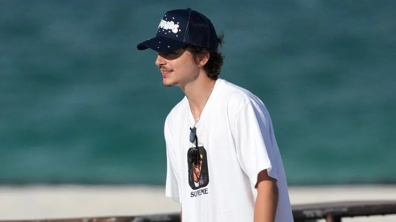 Image may contain: Timothée Chalamet, Beachwear, Clothing, Sleeve, Person, Teen, Baseball Cap, Cap, Hat, and Shorts
