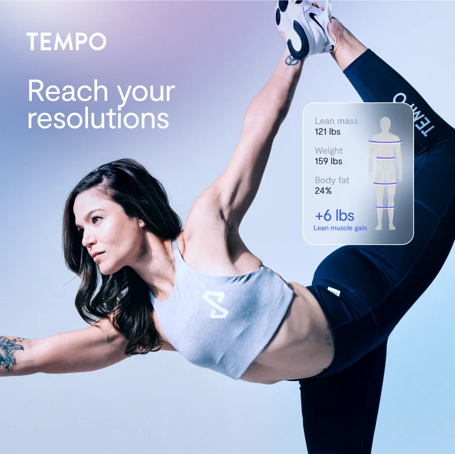 Tempo logo on image preview of Tempo coach working out with text: "Reach your resolutions"
