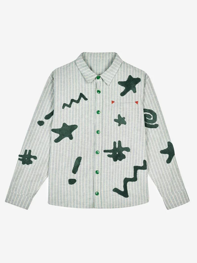 Image of Brain Dead Striped Chenille Symbol Button Up Shirt - Green