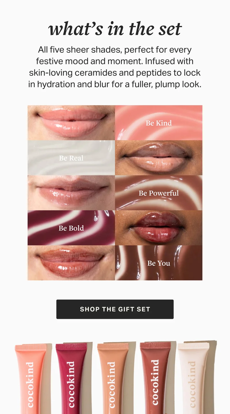 what’s in the set All five sheer shades, perfect for every festive mood and moment. Infused with skin-loving ceramides and peptides to lock in hydration and blur for a fuller, plump look.