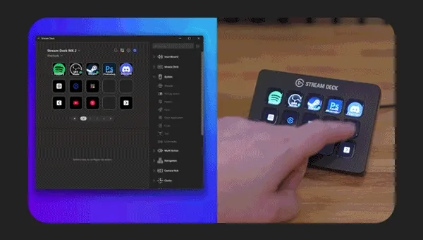A hand presses a button on a Stream Deck device while software on a computer screen displays an app opening and closing.