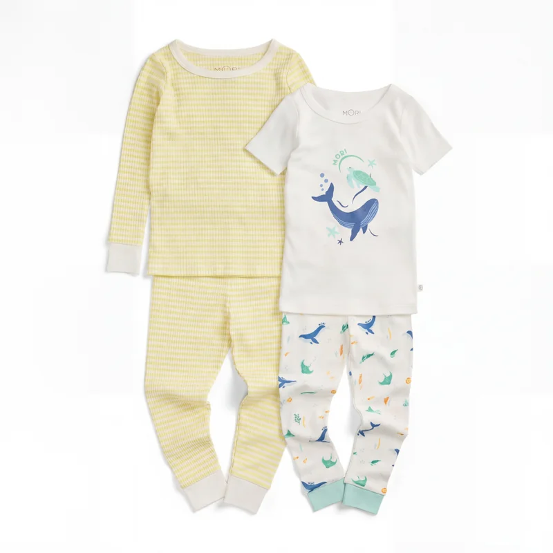 Image of Yellow Stripe Ribbed & Ocean Dreams Short Sleeve Pajama Set 2 Pack