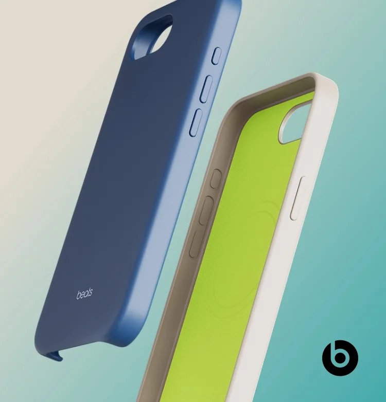 Two Beats iPhone 17e cases displayed at an angle, one in navy blue and one in beige with a vibrant lime green interior, showcasing their protective design and precise button cutouts.
