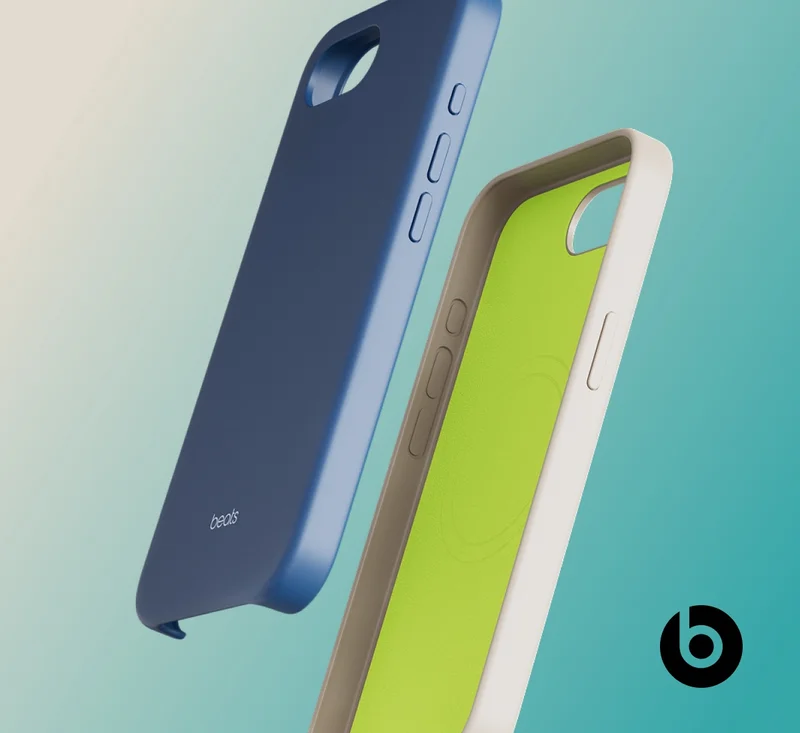 Two Beats iPhone 17e cases displayed at an angle, one in navy blue and one in beige with a vibrant lime green interior, showcasing their protective design and precise button cutouts.