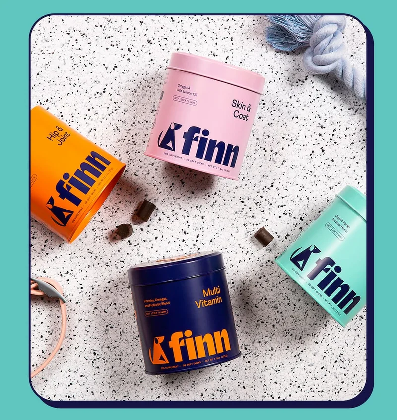 Overhead shot of pink, orange, navy, and teal Finn tins on their sides atop a speckled counter. Treats and dog accessories are sprinkled throughout.
