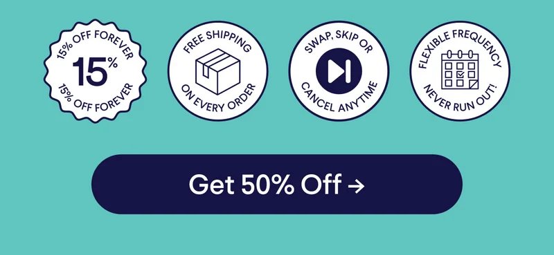 15% off forever badge, free shipping on every order badge, swap, skip, or cancel anytime badge, flexible frequency/ never run out badge.