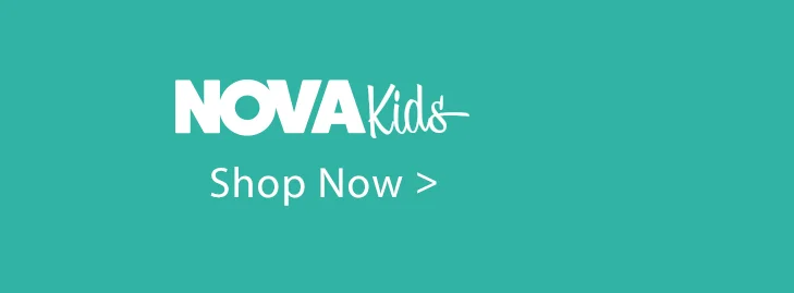 Nova Kids logo in white text on a teal background, with a "Shop Now" call to action for children's fashion and apparel.