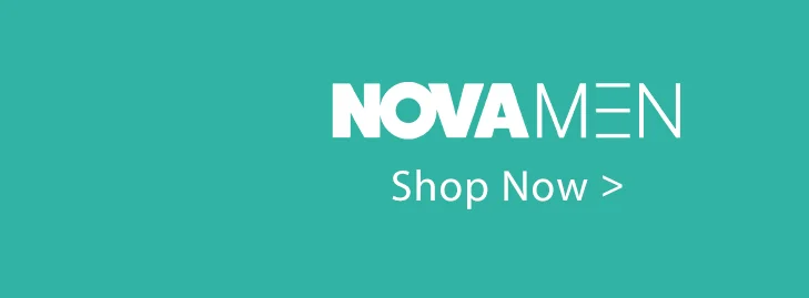 NOVAMEN logo and "Shop Now" call to action on a vibrant teal background. Explore the latest men's fashion and clothing collection.