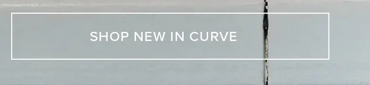 White 'SHOP NEW IN CURVE' text in a border on a light grey, textured wall background with a dark vertical crack, highlighting new plus-size styles.