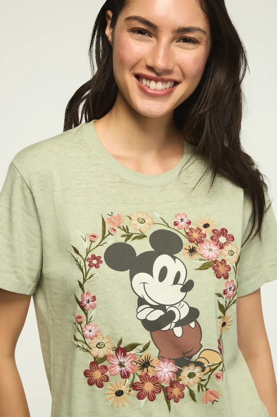 Image of Lucky Brand Mickey Flowers Boyfriend Tee - Women's Clothing Tops Shirts Tee Graphic T Shirts in Green