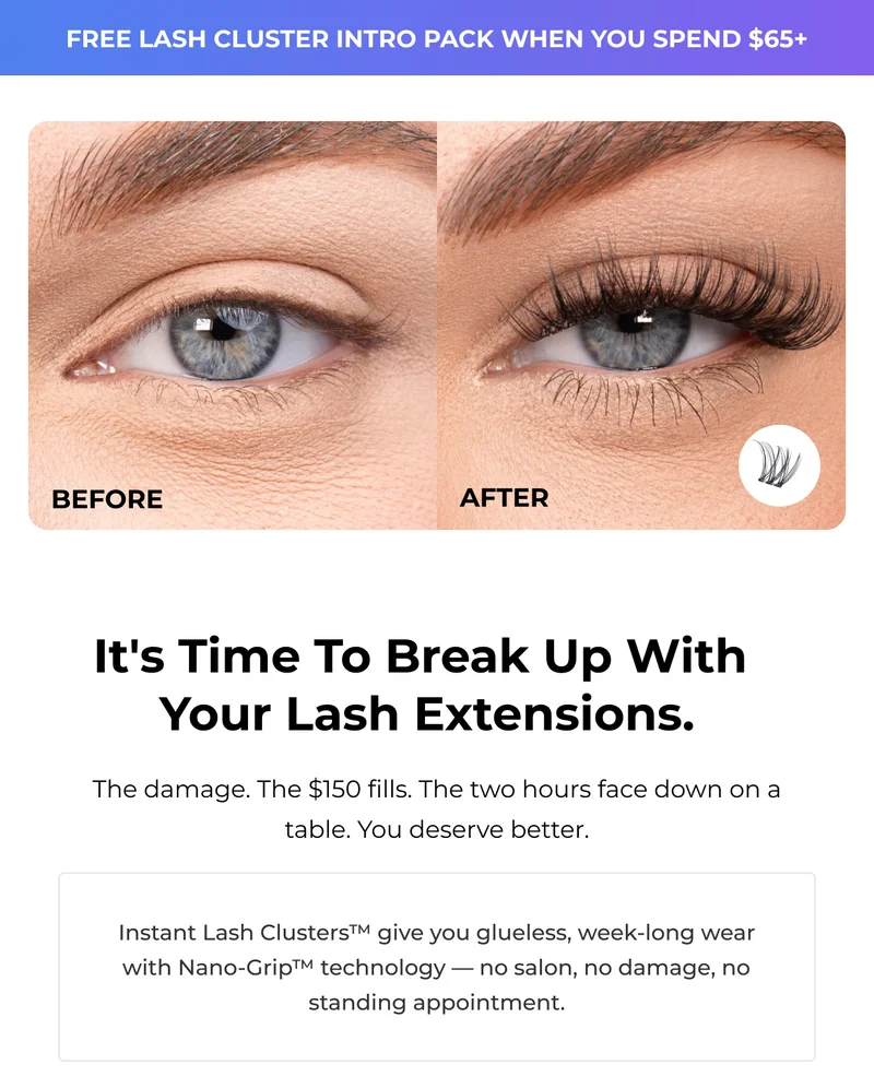Before and after lash transformation showing fuller, longer lashes with instant lash clusters. Break up with expensive, time-consuming lash extensions.