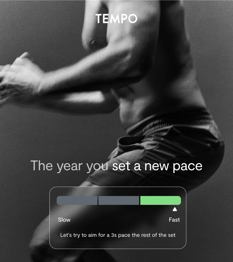 Black and white image with Tempo members working out with the words "The year you set a new pace" and a visualization of Tempo's on-screen pace meter and guidance message.