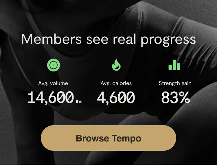 "Make progress each month" with green icons that show Tempo members' average monthly volume lifted, average monthly calories burned, and monthly percent strength gained with a "Browse Tempo" button.