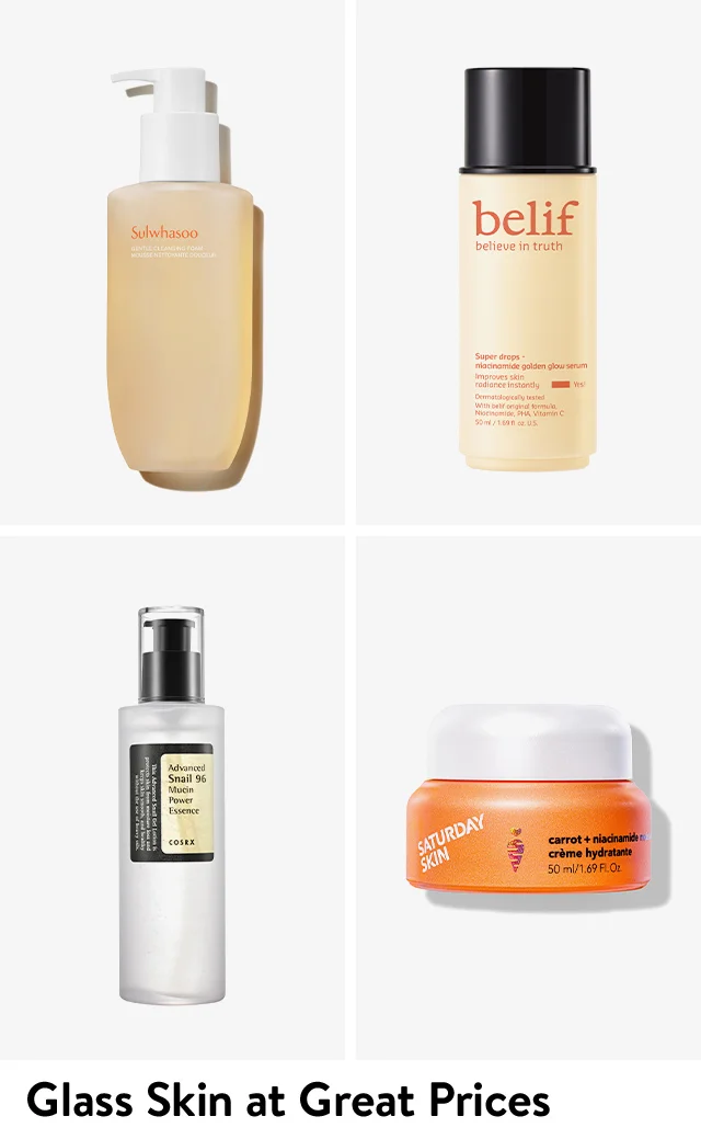 Skin care products from Sulwhasoo, belif, COSRx and Saturday Skin.
