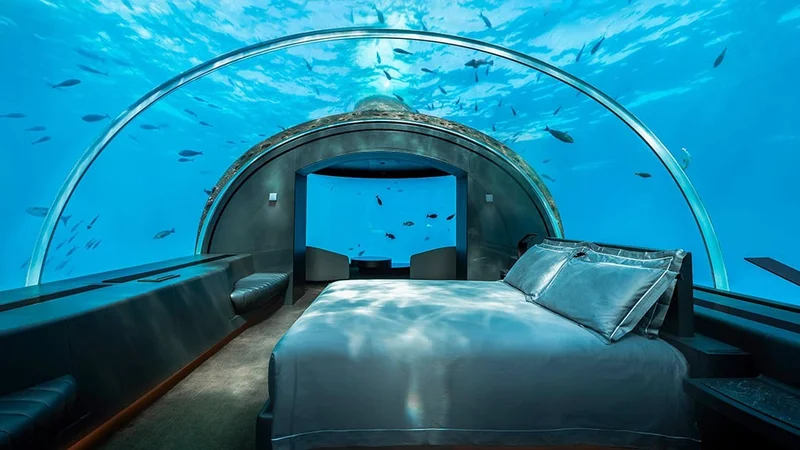 Image description: An underwater bedroom at the Conrad Maldives Rangali Island.