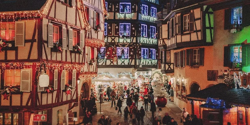 Image description: Christmas lights at the Colmar Christmas Market.