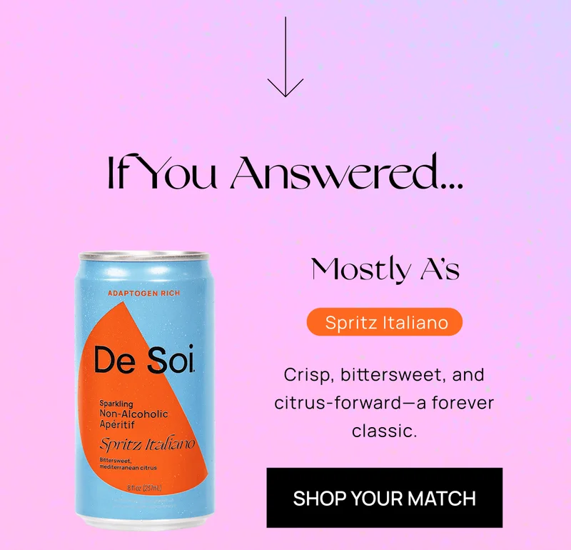 If You Answered... | Mostly A’s |  Spritz Italiano | Crisp, bittersweet, and citrus-forward—a forever classic. | Shop Your Match