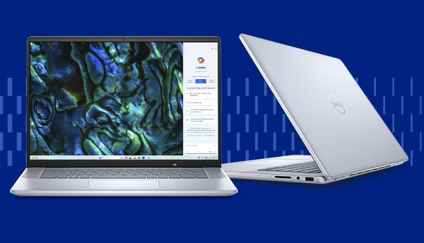 Inspiron 16 7000 Series montage in front of blue patterned lines