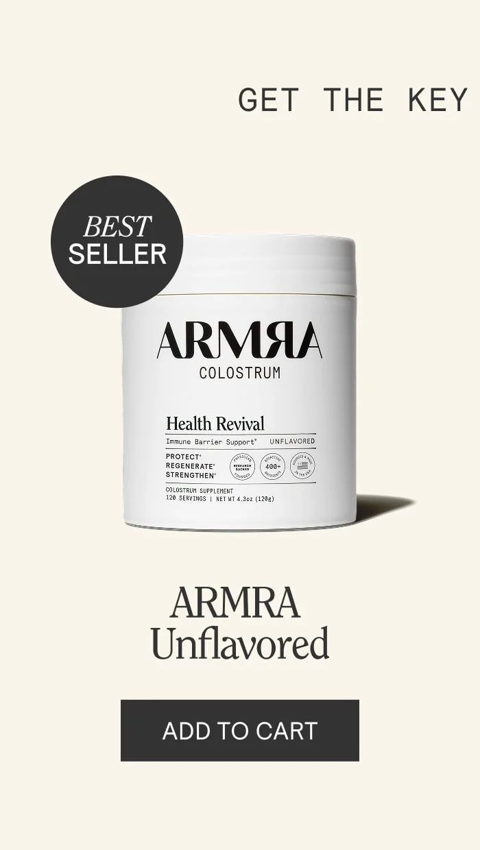 ARMRA Colostrum Health Revival Unflavored supplement container on a light cream background labeled ‘Best Seller.’ Text reads ‘Immune Barrier Support – Protect, Regenerate, Strengthen.’ Button below says ‘Add to Cart.’