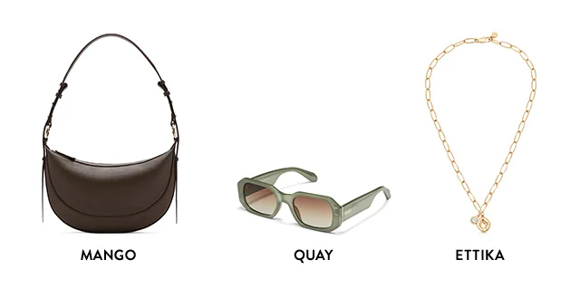 A brown shoulder bag from Mango, green sunglasses from Quay and charm necklace from Ettika.