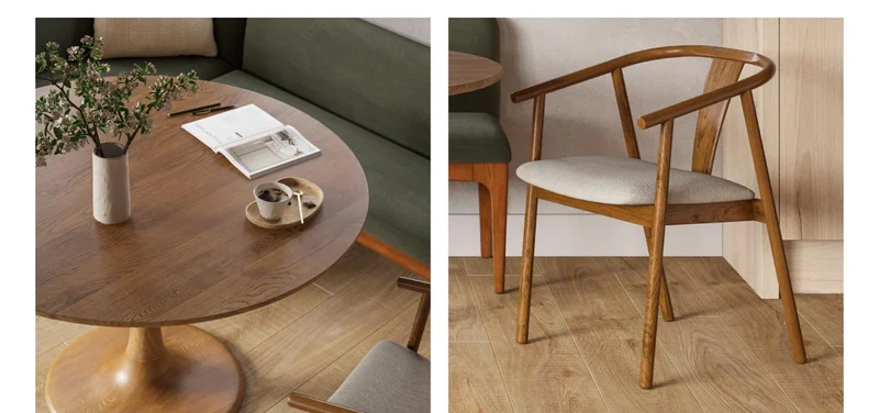 These earthy tones and natural woods turn every meal into a comfort meal.