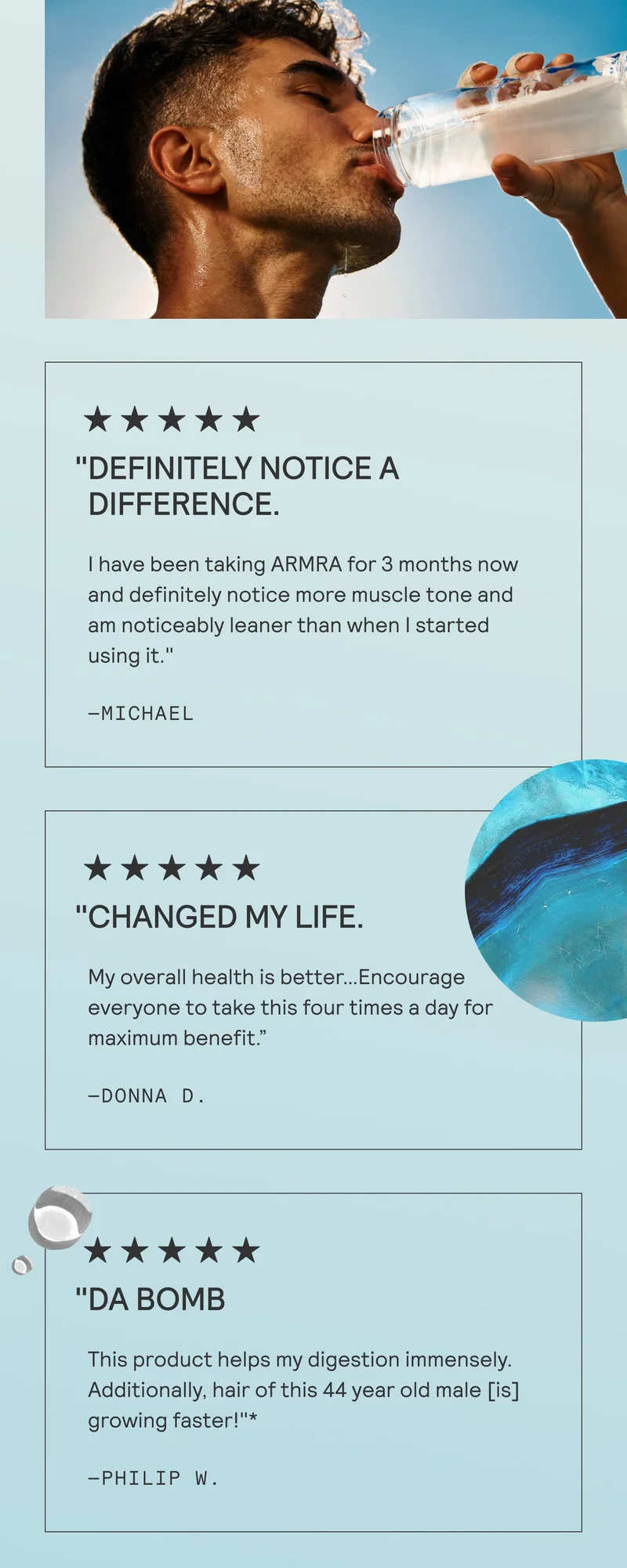 Customer testimonials praising ARMRA for fitness, health, and digestion improvements.