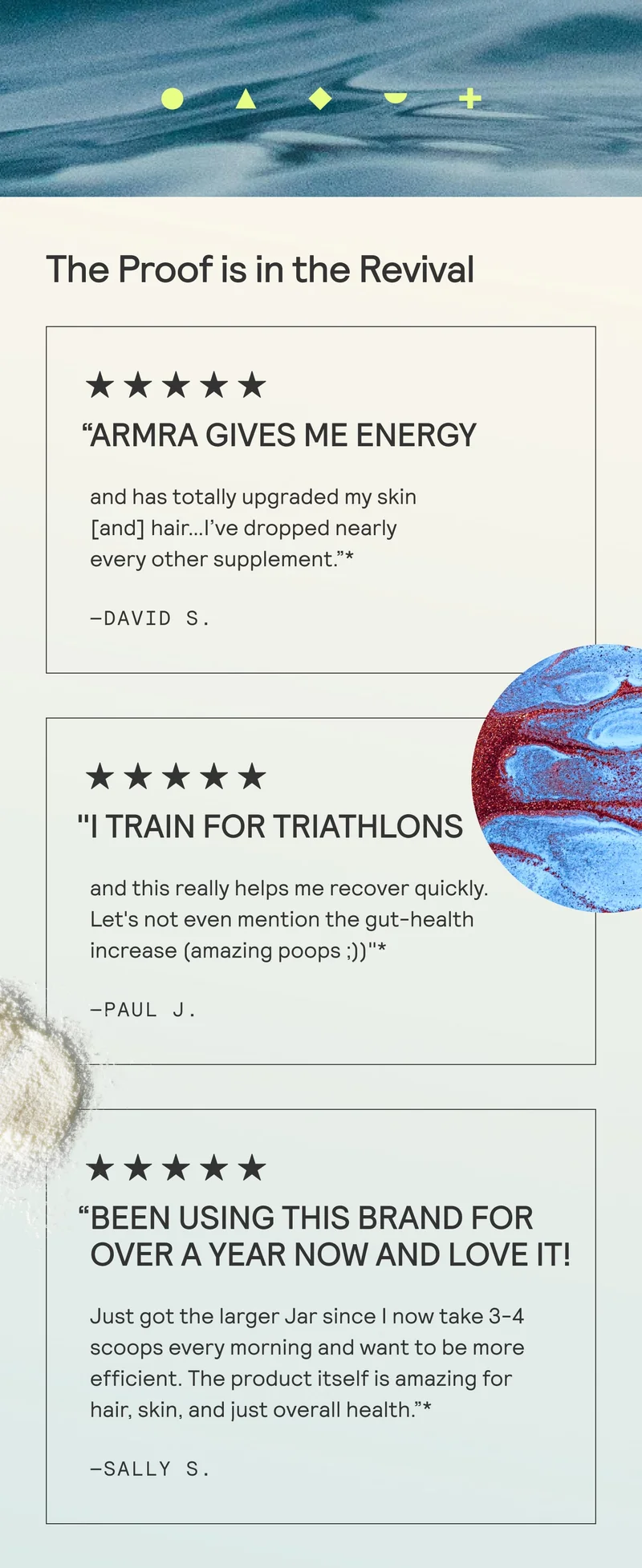 Three five-star ARMRA reviews highlighting energy, recovery, and overall health benefits.