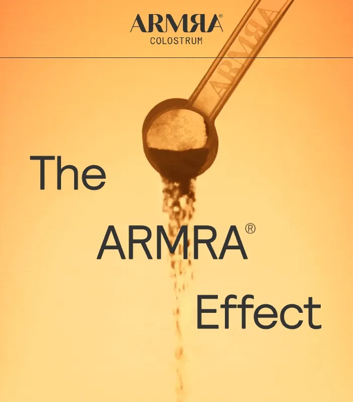 ARMRA Colostrum powder pours from a gold scoop with text “The ARMRA® Effect.”