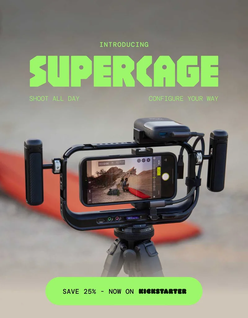 Image of the new Supercage from Moment with an iPhone shooting beautiful footage. Text reads - Introducing SuperCage Shoot All Day Configure Your Way - Save 25% Now On Kickstarter