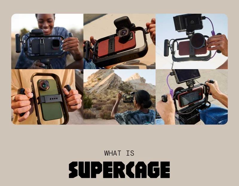 Collage of people using the new SuperCage from Moment with the caption "What is SuperCage"
