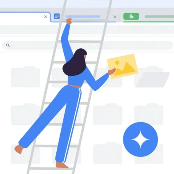 Illustration of a person climbing a ladder laid over a Chrome browser holding a Google photos icon and placing it on a digital shelf.