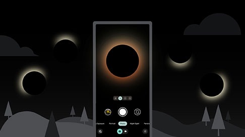 Illustration of a Pixel phone pointed up at a dark sky that shows slivers of the sun during an eclipse. On the Pixel phone, the screen shows the total eclipse.