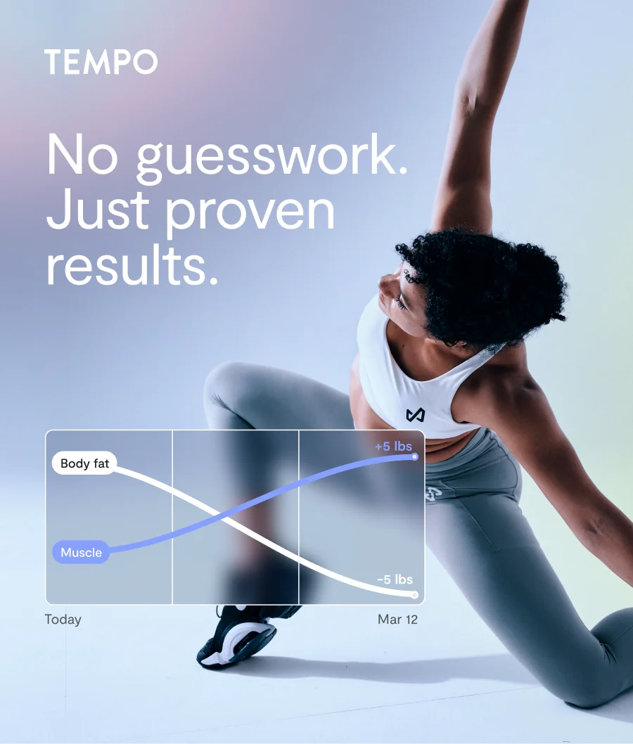 Tempo logo on image preview of Tempo coach working out with text: "No guesswork.  Just proven  results."