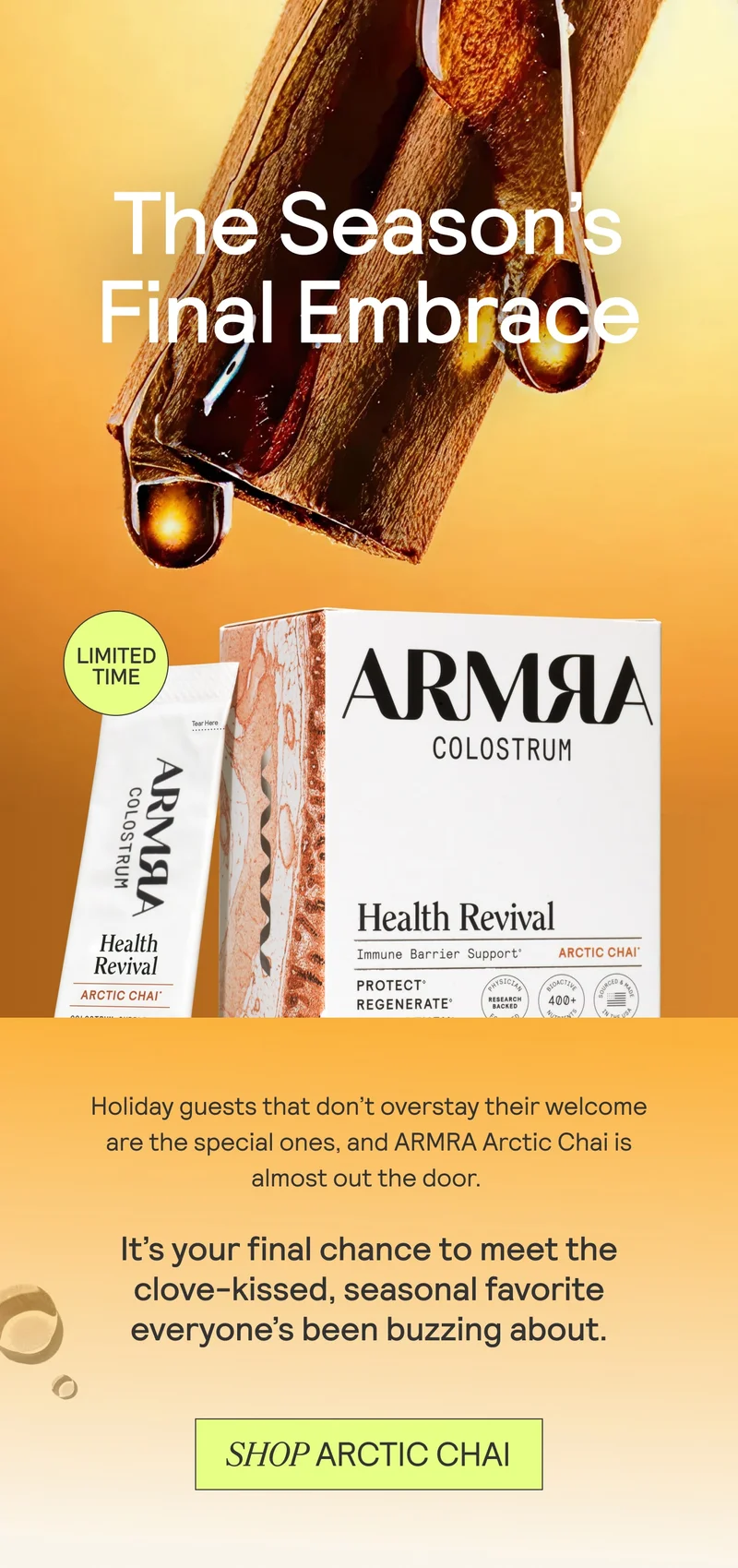 Hero banner for ARMRA Arctic Chai: dripping chai above product box with headline “The Season’s Final Embrace” and button “Shop Arctic Chai.”