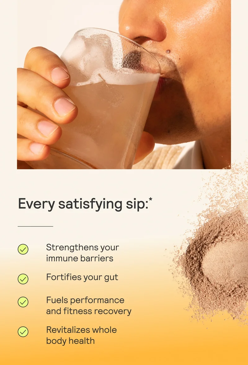 Person sipping a chai-colored drink beside text listing benefits of ARMRA Arctic Chai.