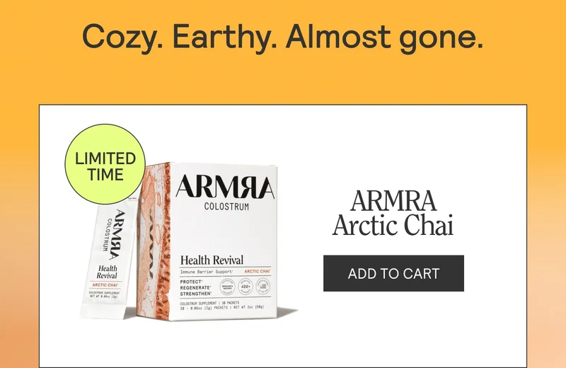 Product callout with ARMRA Arctic Chai box and stick pack, “Limited Time” badge, and “Add to Cart” button.