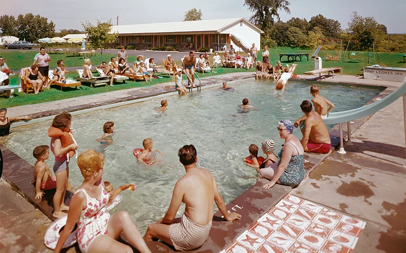 The pool was a center of family summers at Tony Leone’s resort in New York’s Catskills, circa 1960.