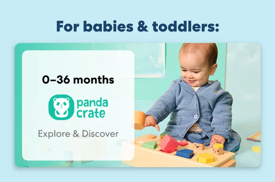 Baby playing with a KiwiCo Panda Crate toy. Designed for ages 0–36 months to explore and discover.