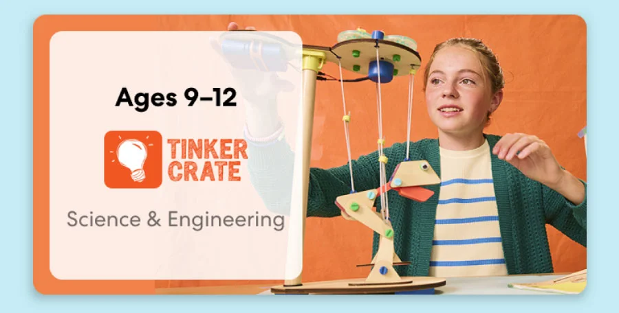 Tween building an engineering project from KiwiCo Labs, suitable for ages 9–12. Perfect for exploring engineering concepts.