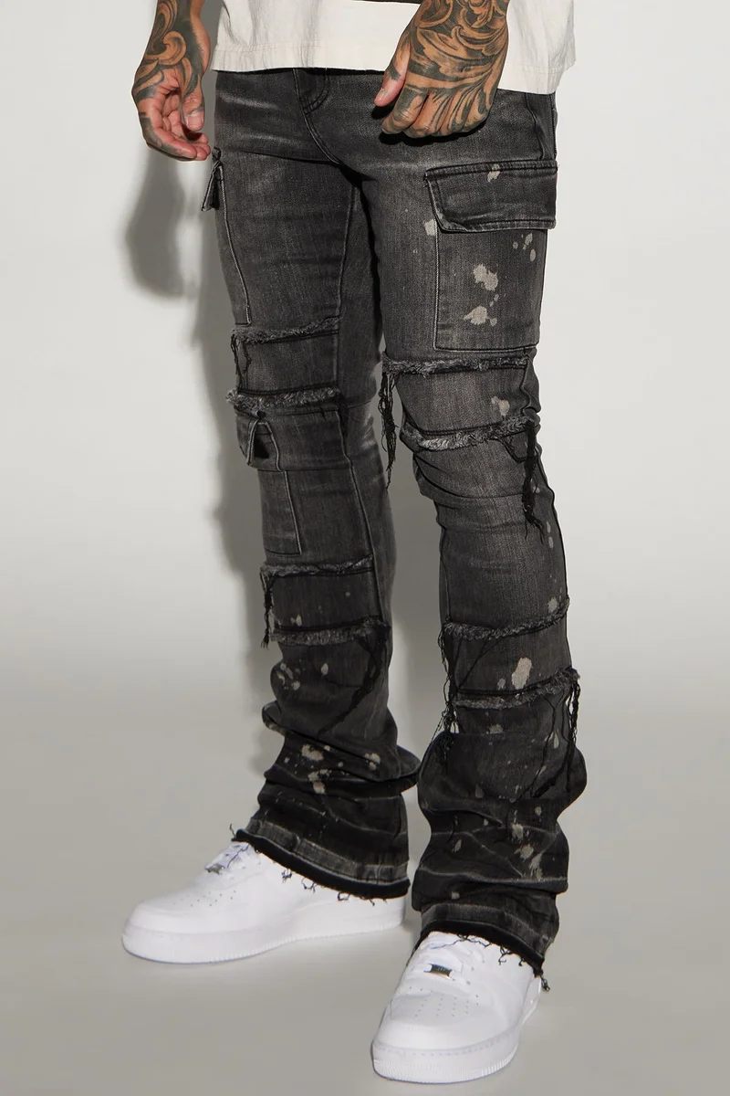 Image of Side Snap Cargo Stacked Skinny Flare Jeans - Black Wash