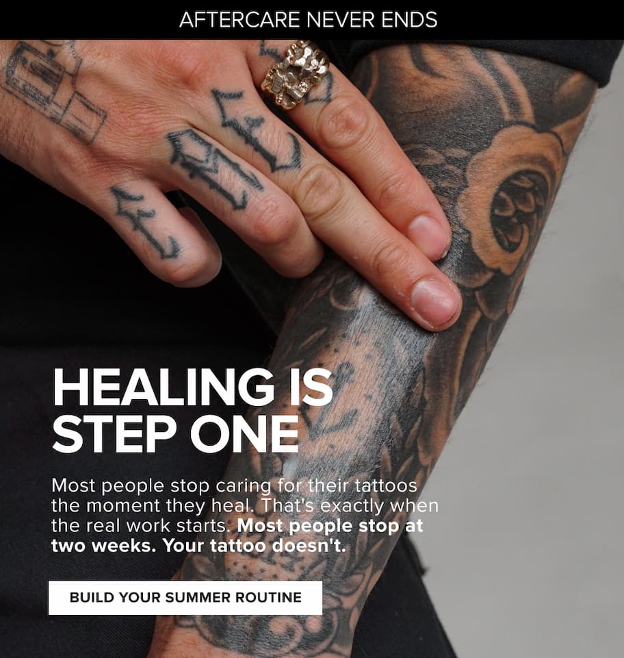 Healing is step one - most people stop caring for their tattoos the moment they heal. That's exactly when the real work starts. Most people stop at two weeks. Your tattoo doesn't