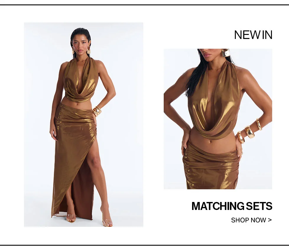 New In! Bronze matching set: cowl neck halter crop top & high-slit ruched maxi skirt. Shop women's elegant two-piece outfits.