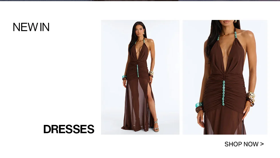 New In brown halter maxi dress: model in deep V-neck, ruched, high-slit style with turquoise beads. Shop dresses.