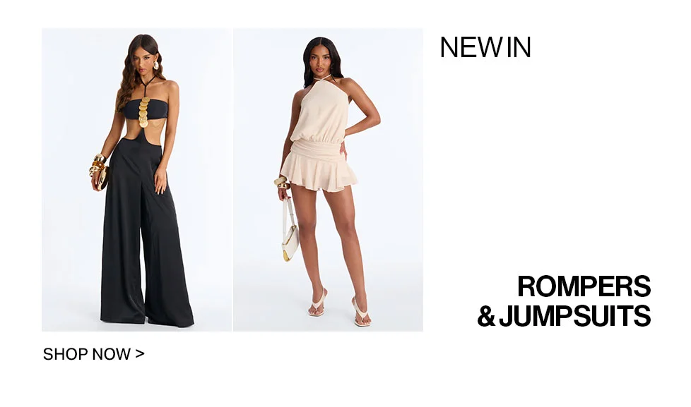 NEWIN rompers & jumpsuits. Shop new women's fashion featuring a black cutout jumpsuit & a beige ruffled romper. Shop now!