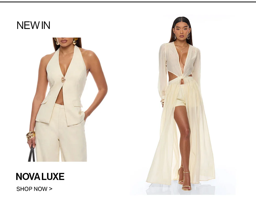 New In Nova Luxe women's fashion: Cream halter vest & wide-leg pants; elegant cutout top with shorts & sheer skirt.